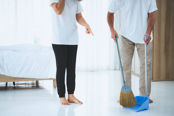 Asian senior couple cleaning bedroom floor. Retirement and healthy elderly concept. - Fotó, kép