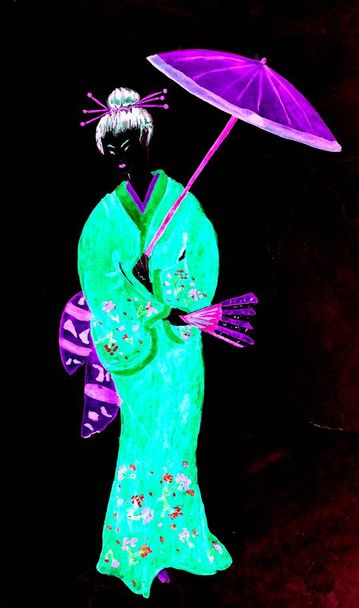 kolorowy rysunek na czarnym tle przedstawiający młodą orientalną kobietę z zielonym komono, wentylatorem i fioletowym parasolem - Zdjęcie, obraz
