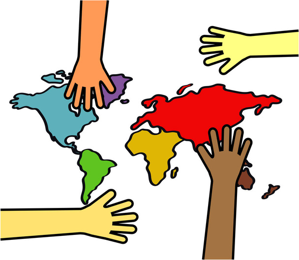 Ruce různých lidí a mapa světa na bílém pozadí. Vektorová ilustrace. - Vektor, obrázek