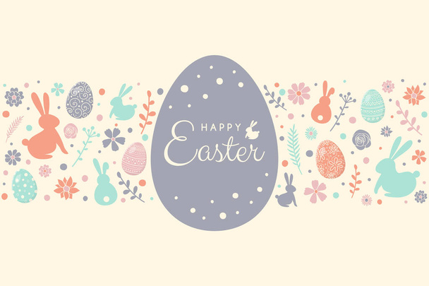 Concept of Easter greeting card with colourful bunnies, eggs and flowers. Vector - Vecteur, image