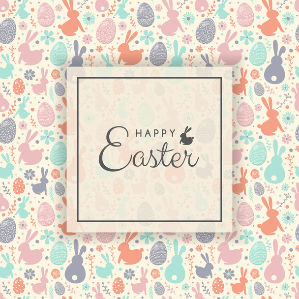 Easter greeting card with colourful bunnies, eggs and flowers. Vector - Vecteur, image