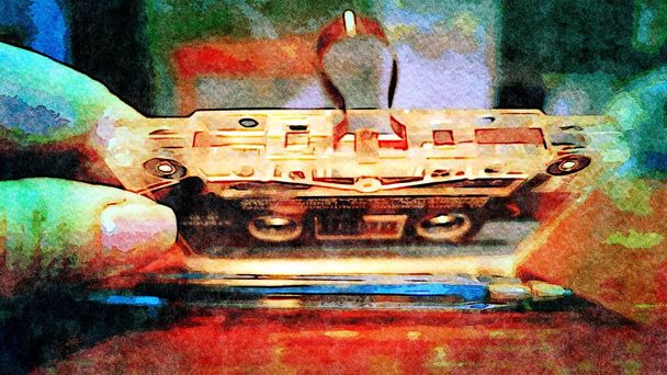 aquarela representando uma cassete de áudio, um objeto vintage que ainda funciona bem
 - Foto, Imagem