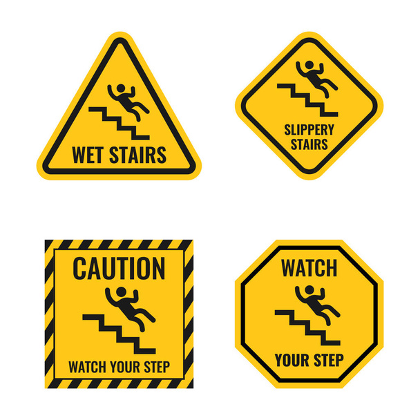 Signs of danger falling off the stairs, slippery stairs warning, watch your step notice - Vector, Image