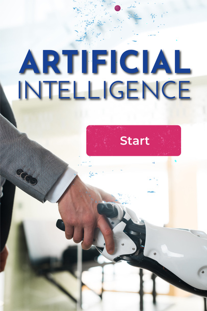 частичный взгляд бизнесмена и робота, пожимающего руки в офисе, иллюстрация искусственного интеллекта
 - Фото, изображение