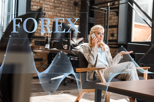 selective focus of serious businesswoman sitting in armchair with open arm and talking on smartphone, forex illustration  - Φωτογραφία, εικόνα