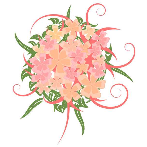 a bouquet of pink small flowers with ribbons and leaves on top - Vetor, Imagem