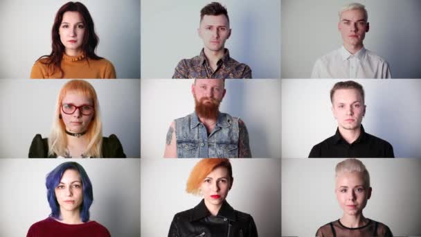 portrety młodych współczesnych poważnych ludzi w studio, kolaż - Materiał filmowy, wideo