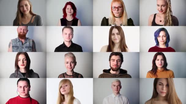 Porträts junger lächelnder moderner Menschen im Atelier, Collage - Filmmaterial, Video