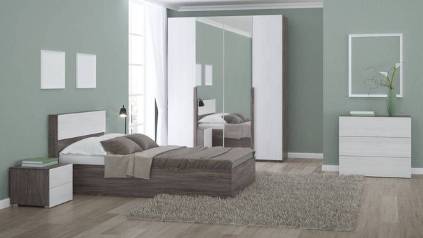 Interior moderno de um quarto com paredes verdes claras. Renderização 3D
. - Foto, Imagem