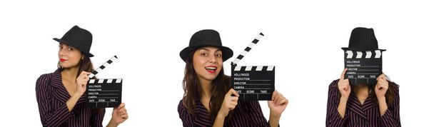 Femme avec film clapboard isolé sur le blanc
 - Photo, image