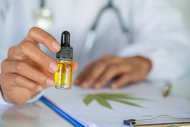 doctor hand hold and offer to patient medical marijuana and oil.  legal light drugs prescribe, alternative remedy or medication, medicine concept.  CBD oil hemp. - Foto, Imagen