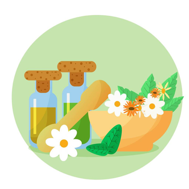 Гомеопатична медицина трав'яна ілюстрація в плоскому векторному дизайні. Пляшки з олією, екстрактом, квітами ромашки та календарем
 - Вектор, зображення
