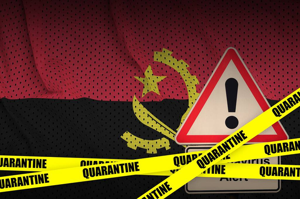 Angola flag and Covid-19 quarantine yellow tape. Coronavirus or 2019-nCov virus concept - Photo, Image