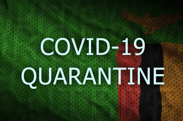 Zambia flag and Covid-19 quarantine inscription. Coronavirus or 2019-nCov virus concept - Photo, Image