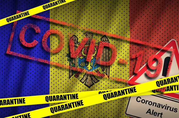 Moldova flag and Covid-19 quarantine yellow tape with red stamp. Coronavirus or 2019-nCov virus concept - Photo, Image