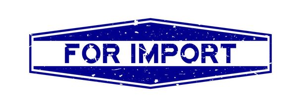 Grunge kék az import szó hatszög gumi pecsét fehér háttér - Vektor, kép