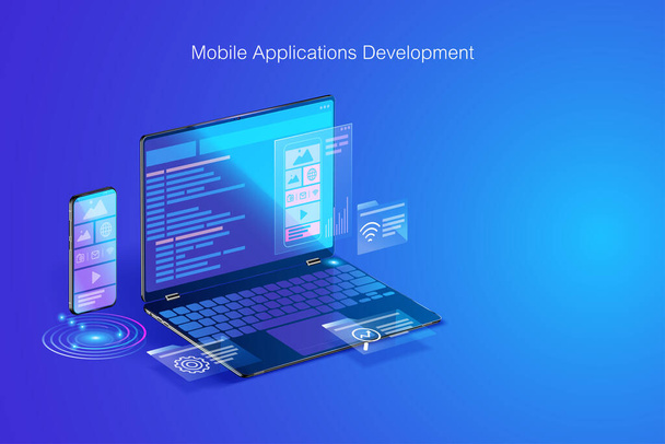 Web development, application design, coding and programming on laptop and smartphone concept with programming language and program code and layout on screen vector - Vector, Image