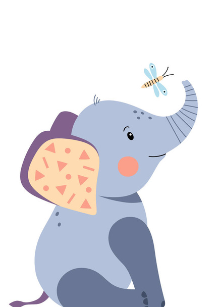 Cute elephant and dragonfly. Poster for baby room. Childish print for nursery. Design can be used for fashion t-shirt, greeting card, baby shower. Vector illustration. - Vetor, Imagem
