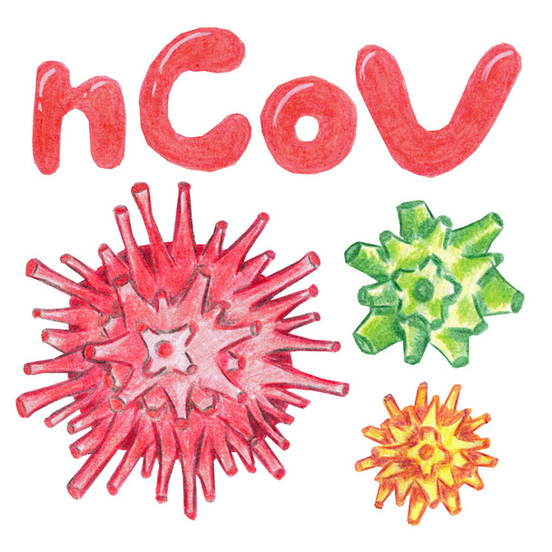 Stoppt die Ausbreitung der ncov-Coronavirus-Infektion 2019. Risiko einer Pandemieentwicklung. Set Aquarellstifte, handgezeichnete Illustrationen von Viren und Schriftzügen im Cartoon-Stil. - Foto, Bild