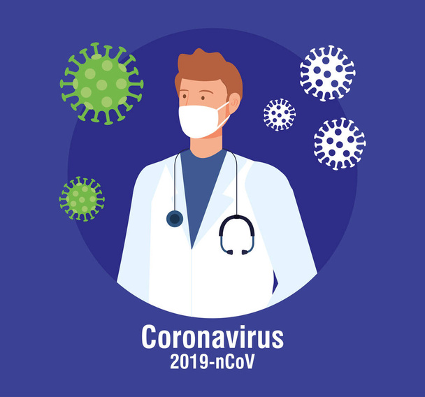 Coronavirus-Pandemie 2019 mit Doktor männlich - Vektor, Bild