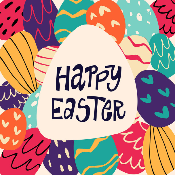 Happy Easter lettering background with beautiful colorful spring flowers and eggs. Vector illustration - Vector, afbeelding