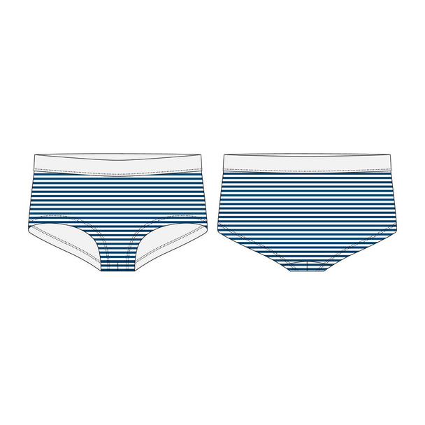 Women panties in blue stripes fabric isolated on white background. Lady underpants technical sketch. Female knickers. Lingerie underwear for girls. Fashion vector illustration - Vector, Image