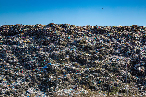 Składowisko odpadów komunalnych na wolnym powietrzu. Wyrzucanie śmieci. problemy ekologiczne. - Zdjęcie, obraz