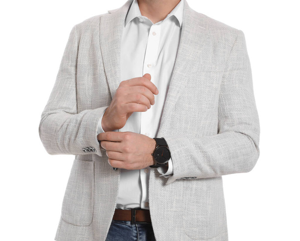 Businessman in jacket posing on white background, closeup - Fotoğraf, Görsel
