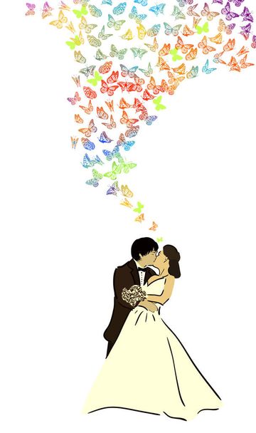 Νύφη και γαμπρός Silhouette. Πολλές ιπτάμενες πεταλούδες. Εικονογράφηση διανύσματος - Διάνυσμα, εικόνα