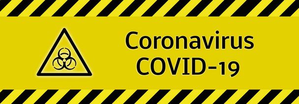 Banner Biyolojik Tehlike Coronavirus Covid-19 sarı arkaplan - Fotoğraf, Görsel