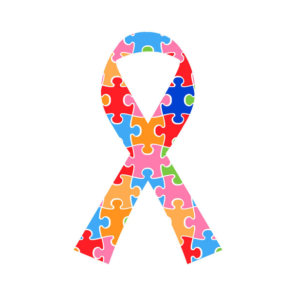 Symbolic ribbon with colorful pieces of puzzle on white background as a concept of world autism awareness day - Vetor, Imagem
