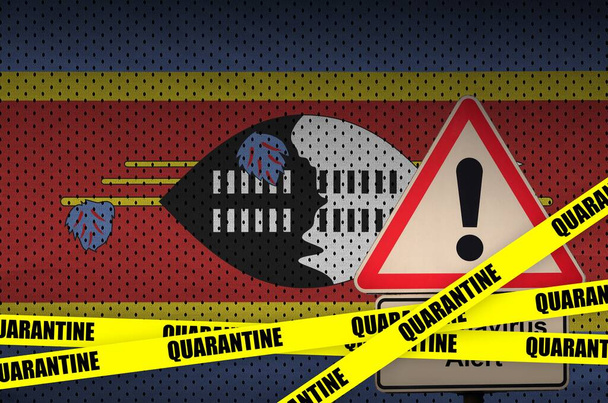 Swaziland flag and Covid-19 quarantine yellow tape. Coronavirus or 2019-nCov virus concept - Photo, Image