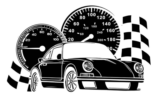 διανυσματική απεικόνιση του αγωνιστικού αυτοκινήτου με σημαία checker σε grungy φόντο - Διάνυσμα, εικόνα