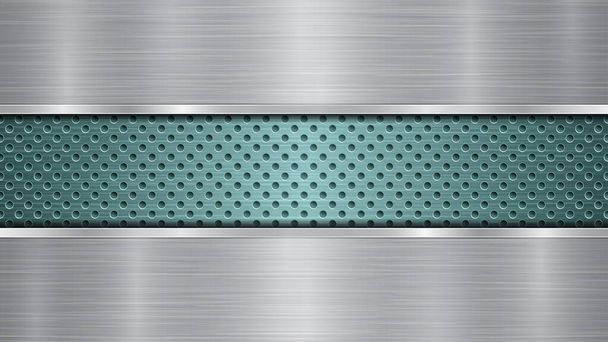 Фон светло-голубой перфорированной металлической поверхности с отверстиями и двумя горизонтальными серебряными полированными пластинами с металлической текстурой, блестящими краями
 - Вектор,изображение