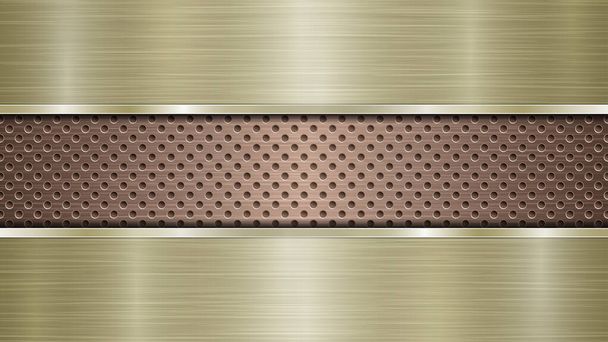 Background of bronze perforated metallic surface with holes and two horizontal golden polished plates with a metal texture, glares and shiny edges - Vector, Image