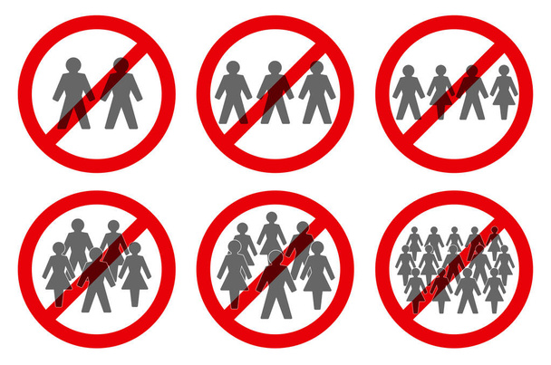 Ban on gathering symbols. Prohibition of assembly for two, three, four, five, six or more people. Isolated vector illustration on white background. - Vektor, Bild