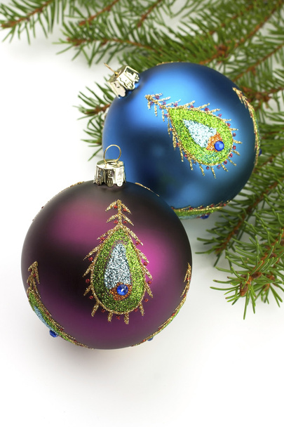 Christmas balls on fir tree, isolated on white - Φωτογραφία, εικόνα