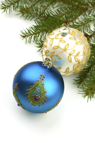 Christmas balls on fir tree, isolated on white - Photo, Image