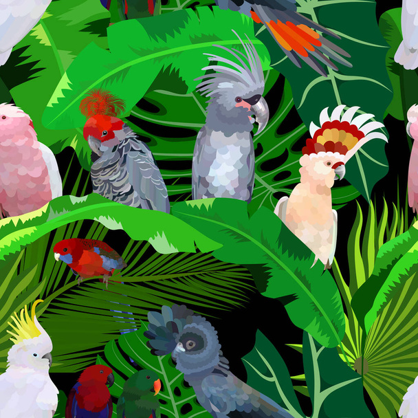 bezproblémový vzor nejpopulárnějších australských papoušků s listy. Vektorová ilustrace EPS 10 - Vektor, obrázek