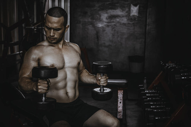Portrait of asian man big muscle at the gym, body weight training - Fotó, kép