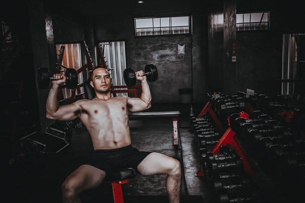 Portrait of asian man big muscle at the gym, body weight training - Φωτογραφία, εικόνα