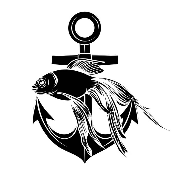 a draw Anchor and fish vector illustarion - Vektor, obrázek