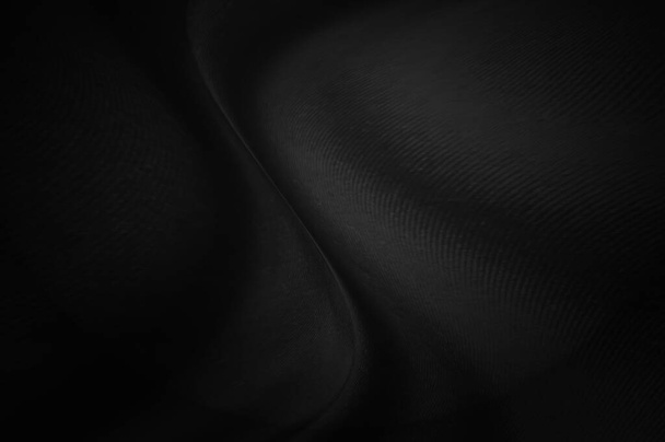 Tejido negro hojas fondo o textura, abstracto con ondas, suave foco tela seda negro
 - Foto, Imagen
