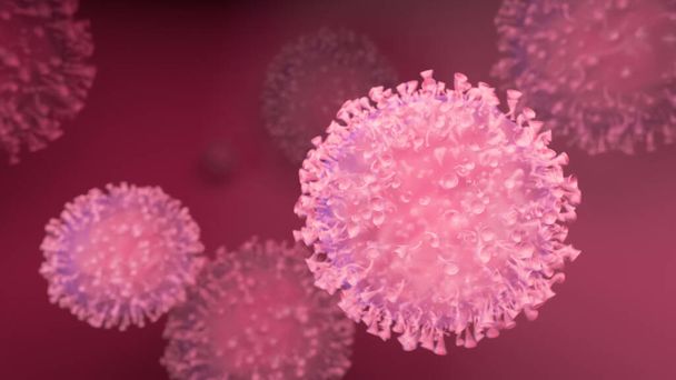 コロナウイルス。ウイルスの背景。カラフルな背景にインフルエンザウイルス。3Dイラスト - 写真・画像