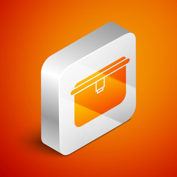 Isometrische pictogram van de lunchbox geïsoleerd op oranje achtergrond. Zilveren vierkante knop. Vector Illustratie - Vector, afbeelding