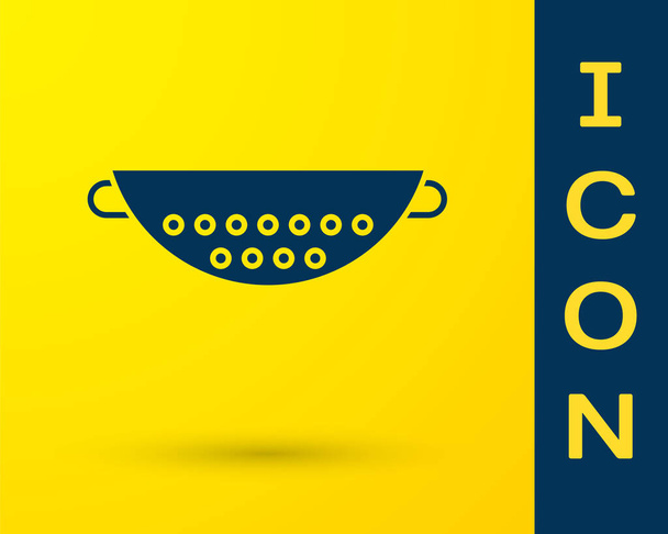 blaues Küchensieb-Symbol isoliert auf gelbem Hintergrund. Kochutensilien. Besteckschild. Vektorillustration - Vektor, Bild