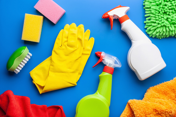 cleaning products household chemicals spray brush sponge glove - Zdjęcie, obraz