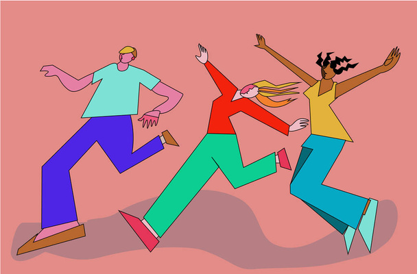 Nuoruus juoksee ja hyppää. Nuoret ovat onnellisia vaaleanpunaisella taustalla. Nuorisoaktivismi
 - Vektori, kuva