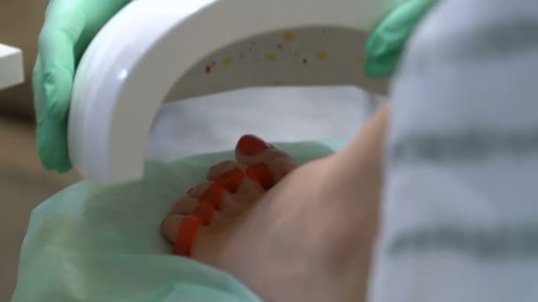 Pedikérka lakuje mladé ženy nehty na nohou - Záběry, video