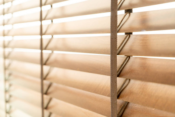 close-up wooden blinds window with copy space - Foto, imagen